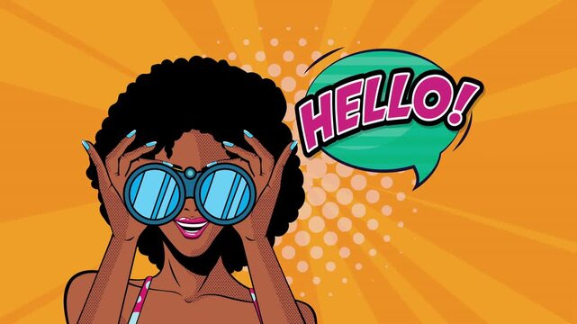Pop art woman with afro hair and sunglasses looks through binoculars with hello speech bubble.