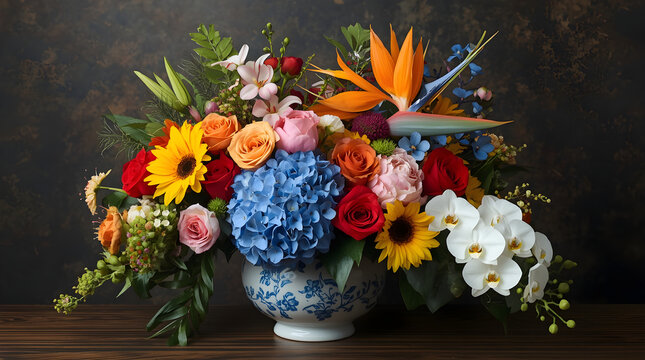 detailed still life photograph featuring a diverse bouquet of flowers arranged in a white ceramic vase with blue decorative patterns. The bouquet includes a variety of flowers such as bright