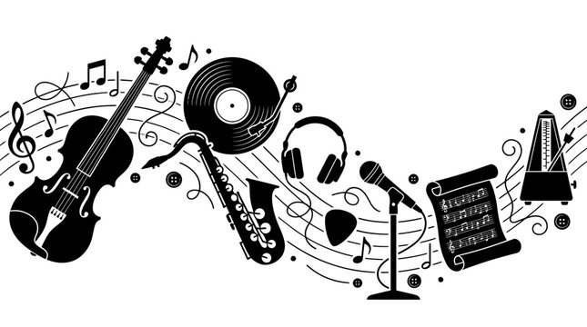 Professional recording studio equipment monochrome bundle with condenser microphones studio headphones mixing consoles and acoustic panels great for
