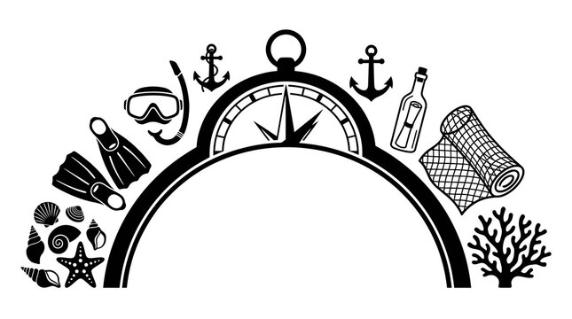 Nautical exploration tools arranged in elegant maritime compass design featuring ship anchors brass compasses and coiled ropes perfect for maritime
