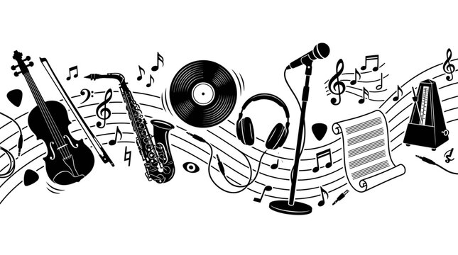 Music festival gear set with precise metronomes floating musical notes powerful amplifiers and electric guitars perfect for outdoor music festivals

