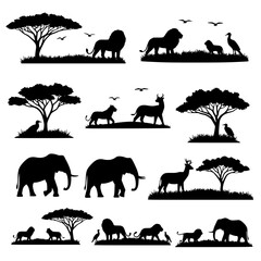 Fototapeta premium African Savanna Wildlife Silhouettes with Lions Elephants and Acacia Trees