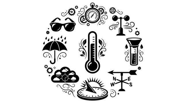 Meteorological observation equipment set for forecast prediction and climate reporting featuring thermometers hygrometers barometers and anemometers
