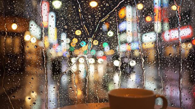 Cozy coffee cup view through rainy window with blurred city lights at night
