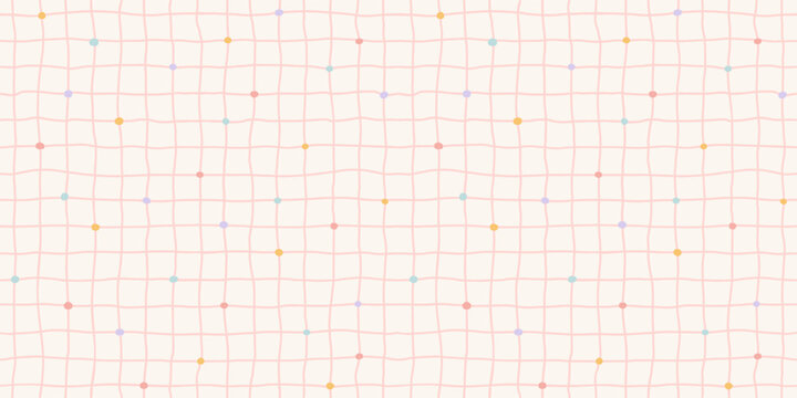 Wavy Plaid Seamless Pattern. Hand Drawn Check Background. Doodle Gingham Texture in Thin Cross Stripes and Polka Dot. Vector Cute Grid for Textile, Wallpaper, Packaging, Graphic Design
