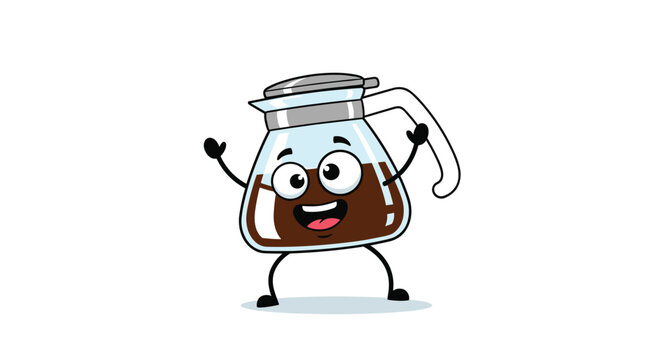 Happy cartoon coffee pot character with a smiling face and arms raised in excitement standing on a plain white background.