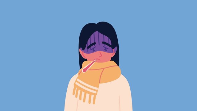 Sick woman with thermometer in mouth and scarf feels unwell, showing symptoms of illness or flu.