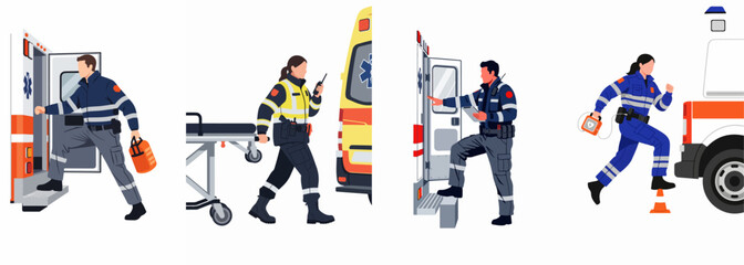Fototapeta premium Emergency Medical Services Flat Vector Illustrations of Paramedics with Ambulance Stretcher and Defibrillator