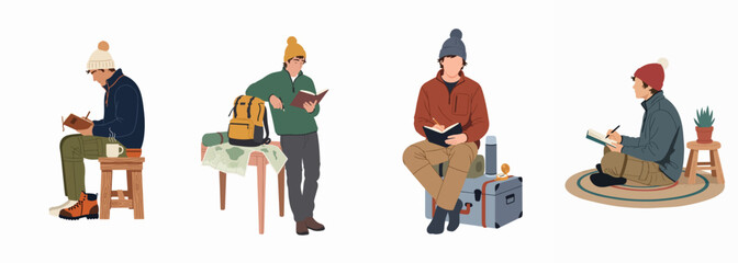 Flat vector illustrations of a young man writing in a journal and planning outdoor adventures while camping in warm winter gear. © Lo