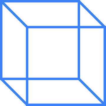 Minimalist blue wireframe Necker cube optical illusion showcasing ambiguous depth and shifting spatial perspective illustration