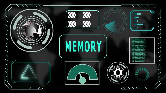 Futuristic HUD Interface with "MEMORY" Acronym in Glowing Blue Concentric Circles and Digital Background, 4K Animation Video of The World Digital Data Cyber Technology.