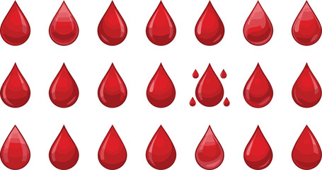 Fototapeta premium Glossy Blood Drop Icon Collection with Red Liquid Droplets, Medical Fluid Symbols, and Healthcare Design Elements Set
