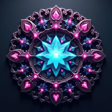 Intricate glowing mandala with a bright blue star center and purple gemstone accents in a dark ornate frame for spiritual and decorative design projects