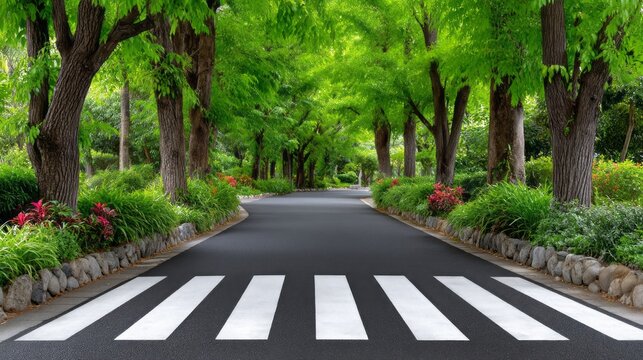 Lush green trees line a quiet asphalt path