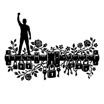 Man standing on padlocks with raised arm.