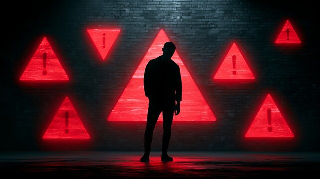 A silhouette of a man standing in front of a wall with multiple red warning signs