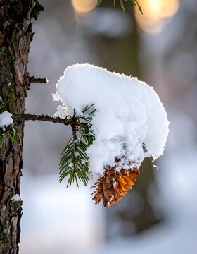 Snow covered pine tree branch winter.