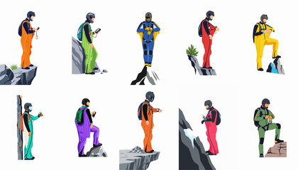 Collection of ten wingsuit base jumpers in colorful gear standing on mountain cliffs, checking altitude and equipment before an extreme sports jump. © PaPat