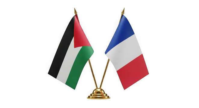 National flags of palestine and france standing on a wooden desk base isolated on transparent background
