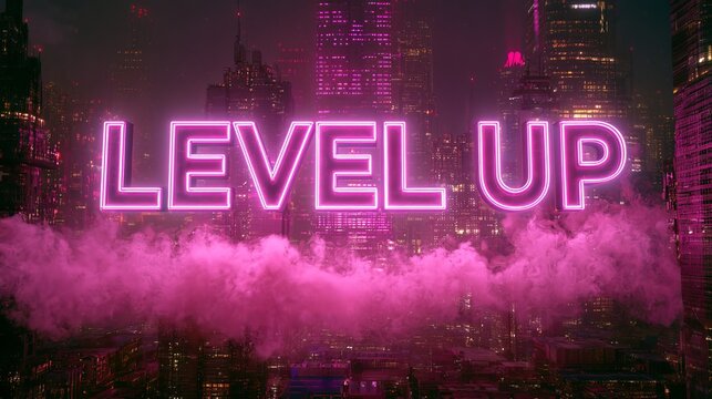 A vibrant cityscape at night with a neon pink sign reading Level Up amidst a cloud of smoke