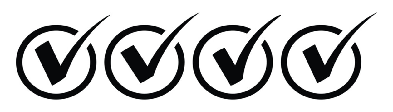 Check box icon with correct, accept checkmark icons tick box checked. Approve symbol. Flat round buttons set. Collection of vector symbol on white background. Vector illustration. EPS10
