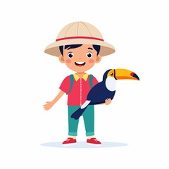 Obraz premium Boy in Safari Hat Holding a Toucan