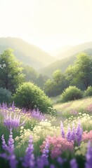Obraz premium Serene Meadow Landscape with Wildflowers and Rolling Hills at Sunrise.