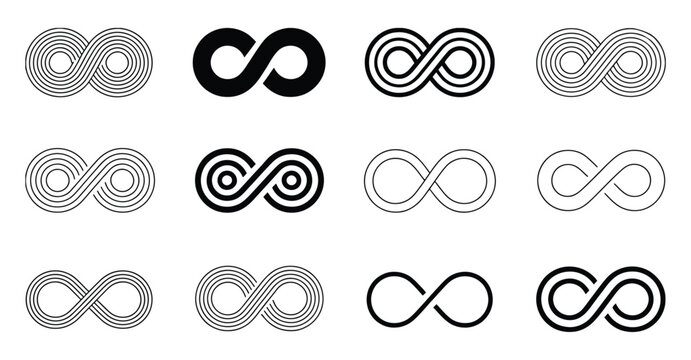 Abstract infinity symbols with elegant line art designs, illustrating unlimited potential, eternal motion, endless innovation, modern logo inspiration, mathematical concepts, and stylish vector graphi