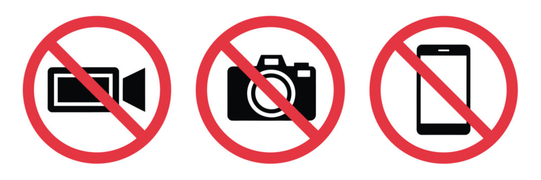 No camera and no mobile recording signs with red prohibition circles, symbolizing photography restrictions, confidential area security, privacy awareness, restricted device usage, and professional war
