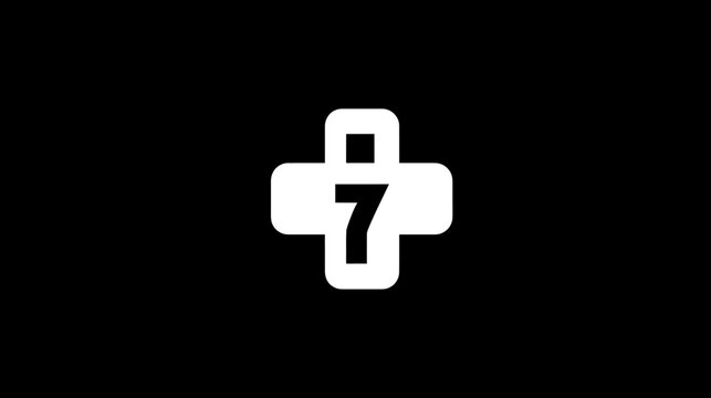 Modern white plus sign with the number seven inside, isolated on a solid black background. Clean graphic symbol or icon design.