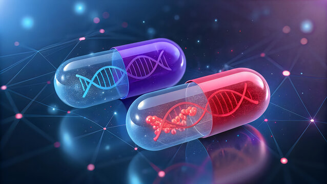Illustration of a capsule with dna and blood cell imagery
