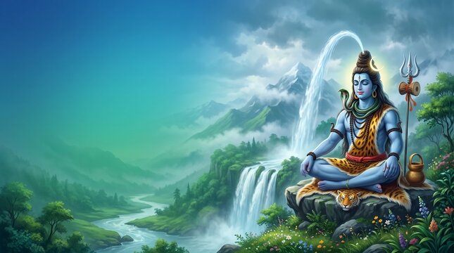 Shravan Maas Hindu Festival Banner with Lord Shiva Illustration, Green and Blue Gradient Background, Crescent Moon, and Flowing Ganga River Design