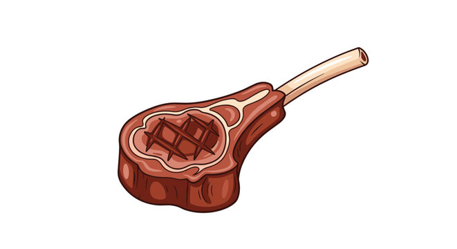 Perfectly grilled lamb chop with the bone still attached is shown in a colorful food illustration with visible grill marks.