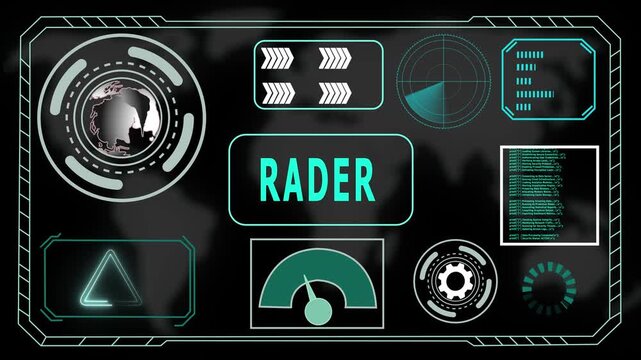 Futuristic HUD Interface with "RADER" Acronym in Glowing Blue Concentric Circles and Digital Background, 4K Animation Video of The World Digital Data Cyber Technology.