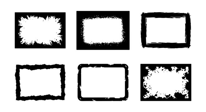 Collection of six grunge and distressed rectangular frames with rough edges on a black background Vector