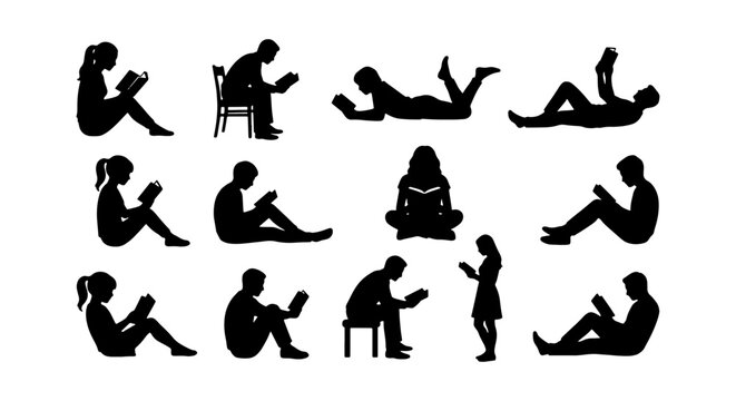 Collection of diverse people silhouettes reading books in various sitting and lying down poses Vector