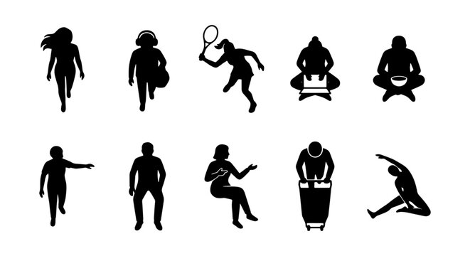 Collection of diverse people silhouettes in various poses and activities, isolated on white background Vector
