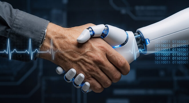 Robot and human handshake - Friendship between humanity and technology 
