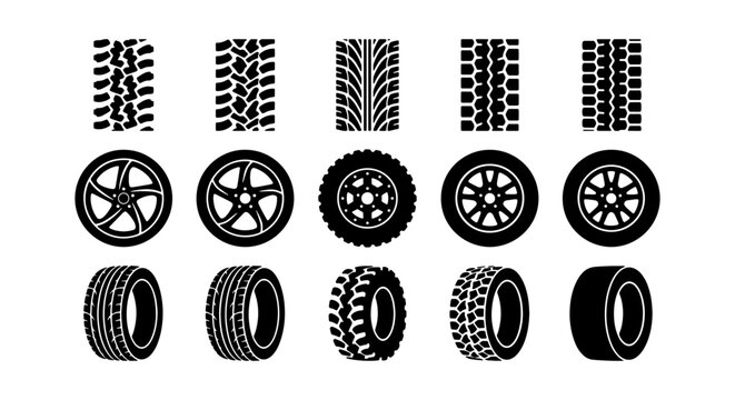 Collection of car tire treads and wheels, black and white icons Vector