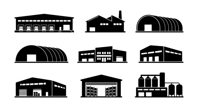 Collection of black industrial warehouse building icons and factory illustrations Vector
