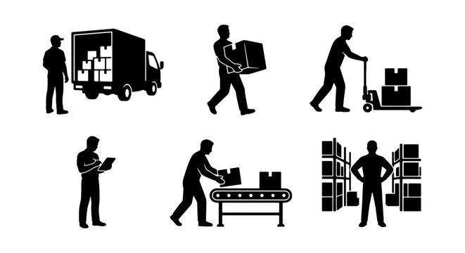 Warehouse workers loading and moving boxes with truck, pallet jack, and conveyor belt, logistics and delivery concept Vector