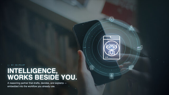 artificial intelligence copilot chatbot assistant interface hologram smartphone screen digital technology innovation futuristic concept smart device hands