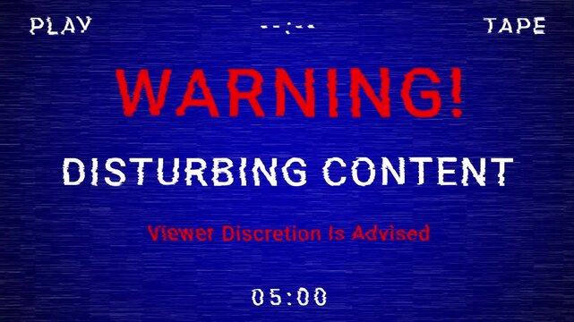 Retro VHS Warning Screen for Disturbing Content with Viewer Discretion Advised Message