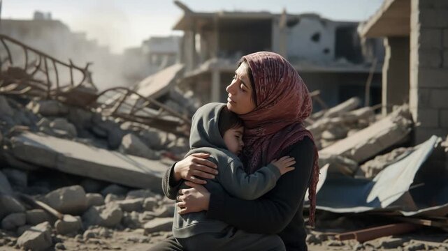 Mother holding child amidst war ruins