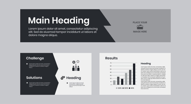 A Case Study Slides Set Template with a main heading and sections for challenge, solutions, and results