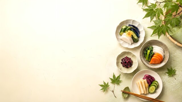 Assorted Japanese Pickles with Green Tea on Clean Traditional Background