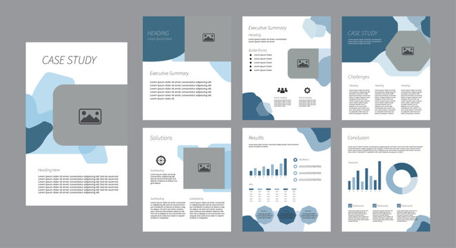 A collection of case study slides with a modern design and blue color scheme for business presentations