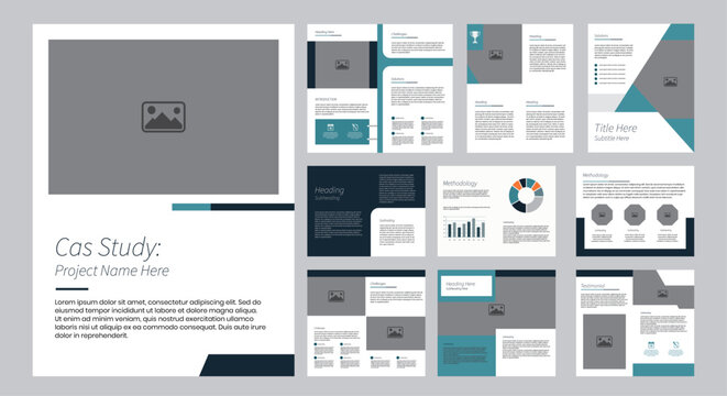 A set of modern case study slides templates with clean design and infographics