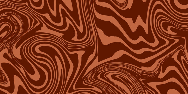 Retro coffee color background. Milk chocolate liquid dessert texture. Wavy swirl candy pattern for poster, cover, banner, pamphlet. Vintage brown trippy hippie wallpaper in 60s or 70s style.