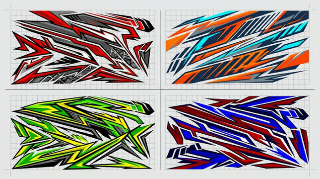 Four abstract racing car decals with sharp geometric shapes and vibrant colors.